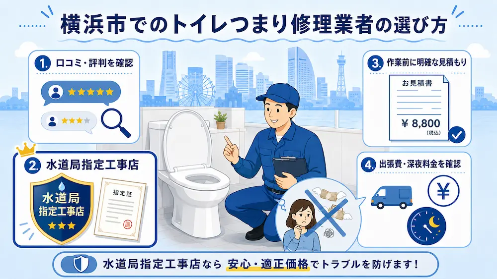 横浜市トイレつまり修理業者8選!水道局指定工事店で安心&低価格 40 横浜市でのトイレつまり修理業者の選び方