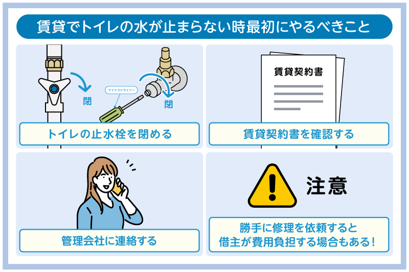 賃貸トイレの水が止まらない時の修理は貸主負担!トラブル対処も解説 3 賃貸でトイレの水が止まらない時最初にやるべきこと